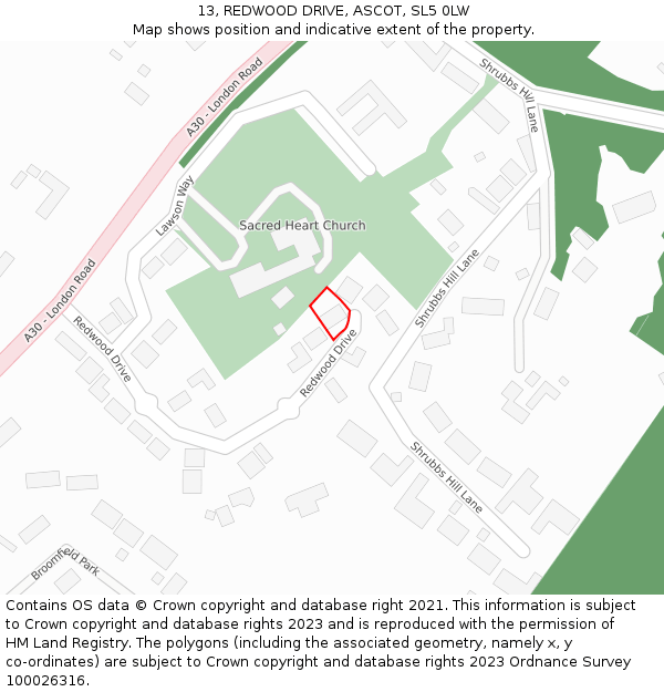 13, REDWOOD DRIVE, ASCOT, SL5 0LW: Location map and indicative extent of plot