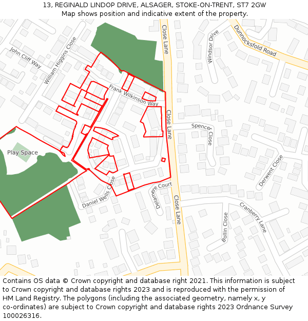 13, REGINALD LINDOP DRIVE, ALSAGER, STOKE-ON-TRENT, ST7 2GW: Location map and indicative extent of plot