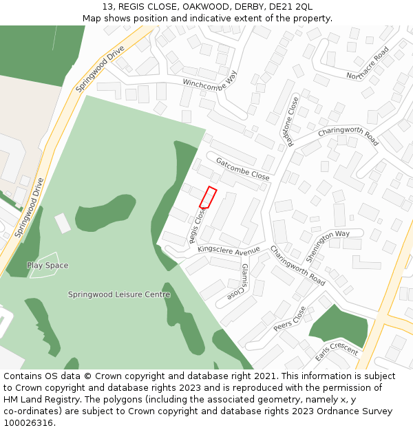 13, REGIS CLOSE, OAKWOOD, DERBY, DE21 2QL: Location map and indicative extent of plot