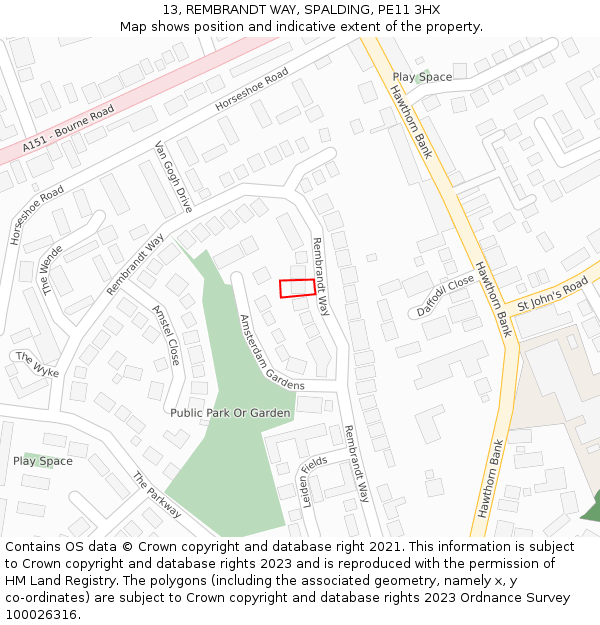13, REMBRANDT WAY, SPALDING, PE11 3HX: Location map and indicative extent of plot