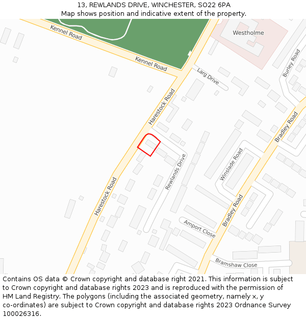 13, REWLANDS DRIVE, WINCHESTER, SO22 6PA: Location map and indicative extent of plot