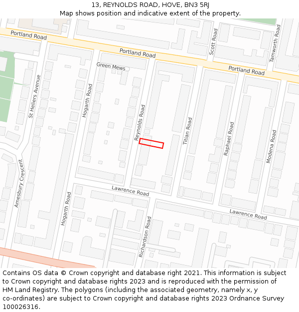 13, REYNOLDS ROAD, HOVE, BN3 5RJ: Location map and indicative extent of plot