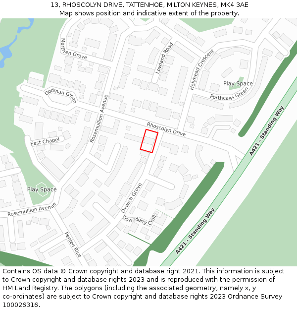 13, RHOSCOLYN DRIVE, TATTENHOE, MILTON KEYNES, MK4 3AE: Location map and indicative extent of plot