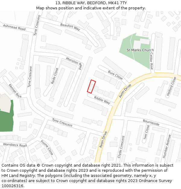 13, RIBBLE WAY, BEDFORD, MK41 7TY: Location map and indicative extent of plot