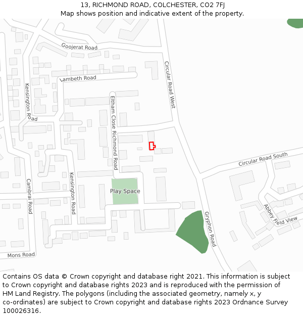 13, RICHMOND ROAD, COLCHESTER, CO2 7FJ: Location map and indicative extent of plot