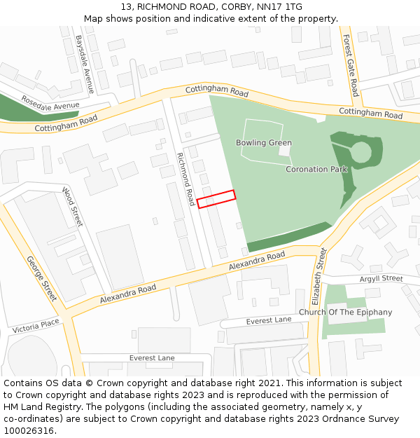 13, RICHMOND ROAD, CORBY, NN17 1TG: Location map and indicative extent of plot