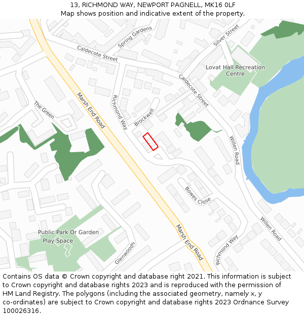 13, RICHMOND WAY, NEWPORT PAGNELL, MK16 0LF: Location map and indicative extent of plot