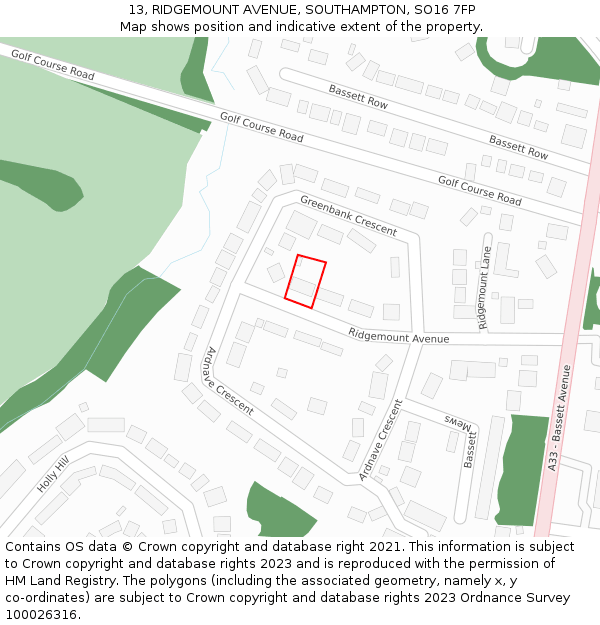 13, RIDGEMOUNT AVENUE, SOUTHAMPTON, SO16 7FP: Location map and indicative extent of plot