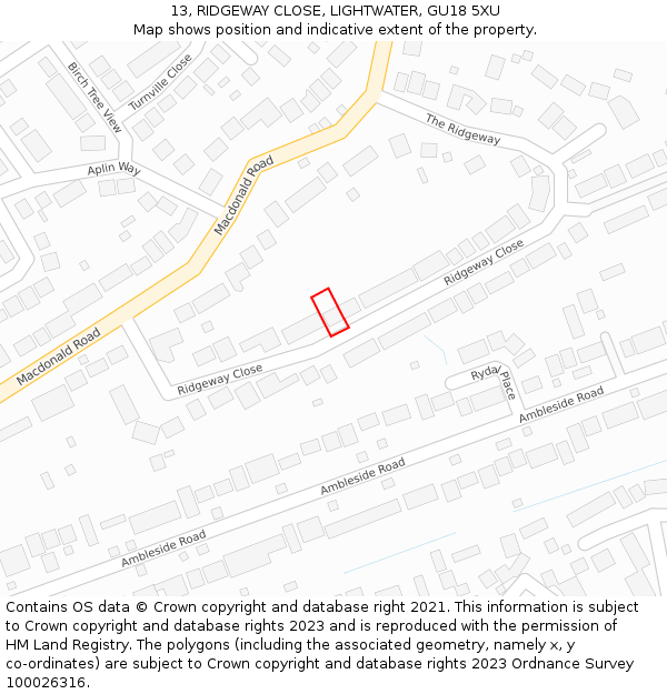 13, RIDGEWAY CLOSE, LIGHTWATER, GU18 5XU: Location map and indicative extent of plot