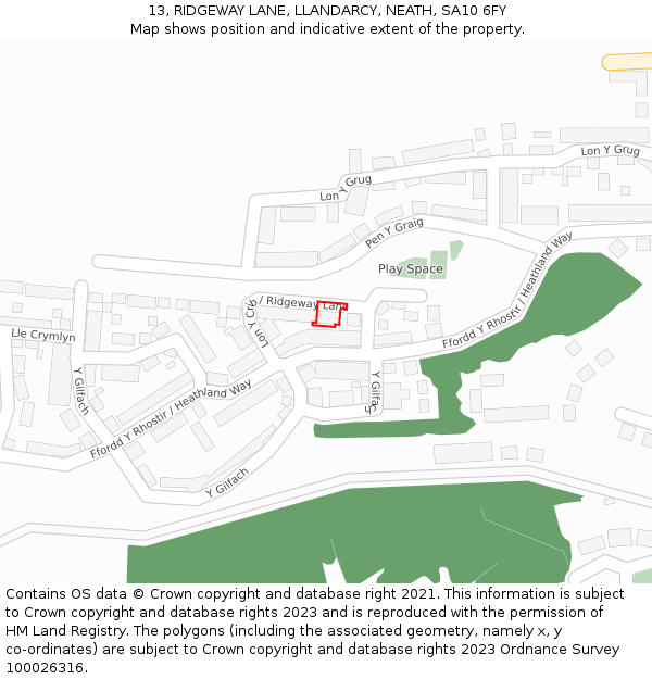 13, RIDGEWAY LANE, LLANDARCY, NEATH, SA10 6FY: Location map and indicative extent of plot