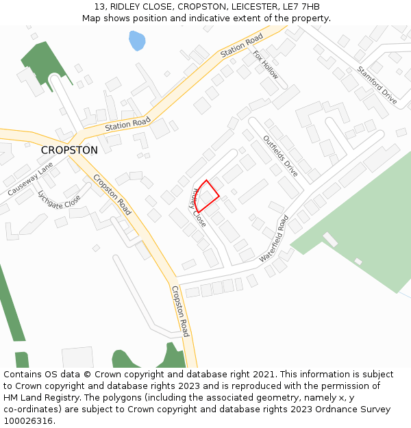 13, RIDLEY CLOSE, CROPSTON, LEICESTER, LE7 7HB: Location map and indicative extent of plot