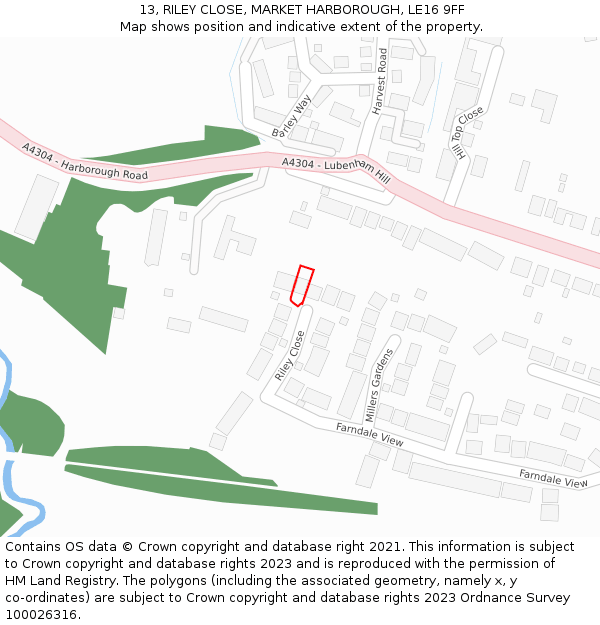 13, RILEY CLOSE, MARKET HARBOROUGH, LE16 9FF: Location map and indicative extent of plot
