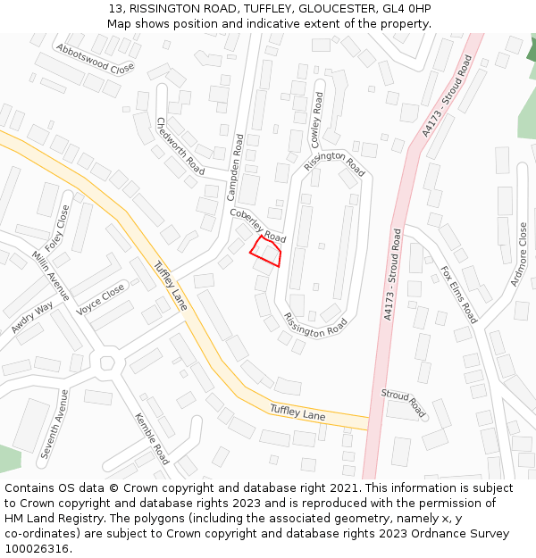 13, RISSINGTON ROAD, TUFFLEY, GLOUCESTER, GL4 0HP: Location map and indicative extent of plot