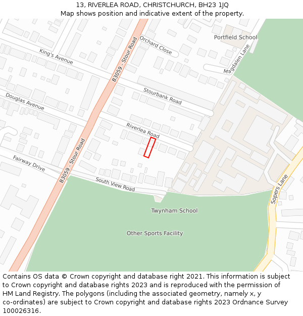 13, RIVERLEA ROAD, CHRISTCHURCH, BH23 1JQ: Location map and indicative extent of plot