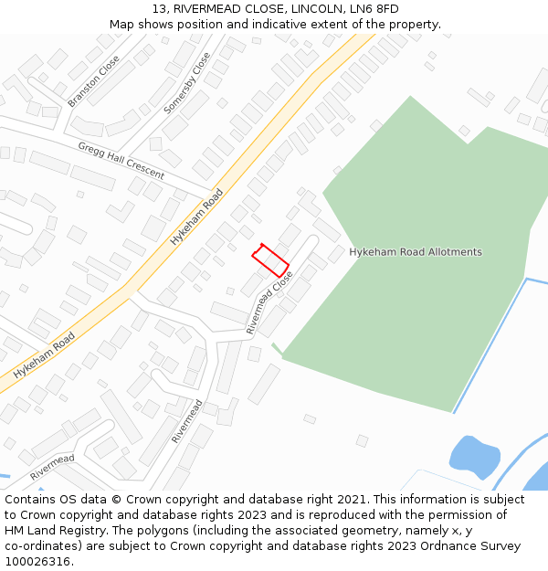 13, RIVERMEAD CLOSE, LINCOLN, LN6 8FD: Location map and indicative extent of plot