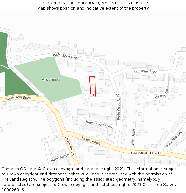 13, ROBERTS ORCHARD ROAD, MAIDSTONE, ME16 9HP: Location map and indicative extent of plot