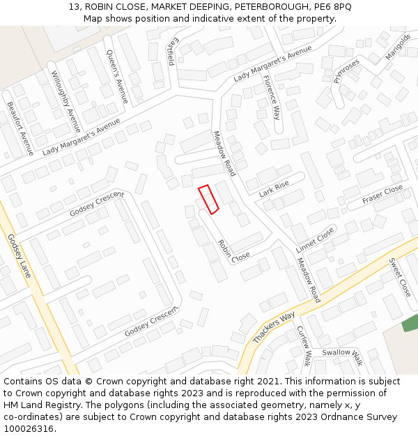 13, ROBIN CLOSE, MARKET DEEPING, PETERBOROUGH, PE6 8PQ: Location map and indicative extent of plot