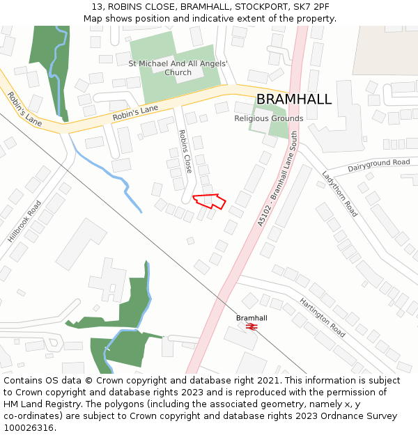 13, ROBINS CLOSE, BRAMHALL, STOCKPORT, SK7 2PF: Location map and indicative extent of plot