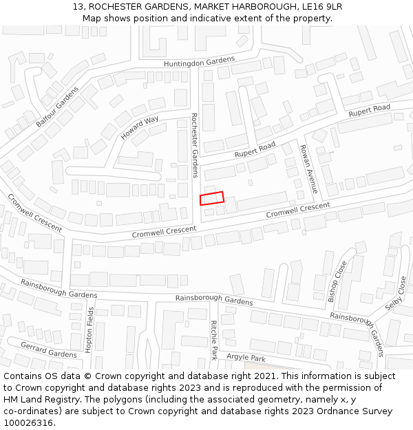 13, ROCHESTER GARDENS, MARKET HARBOROUGH, LE16 9LR: Location map and indicative extent of plot