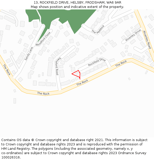 13, ROCKFIELD DRIVE, HELSBY, FRODSHAM, WA6 9AR: Location map and indicative extent of plot