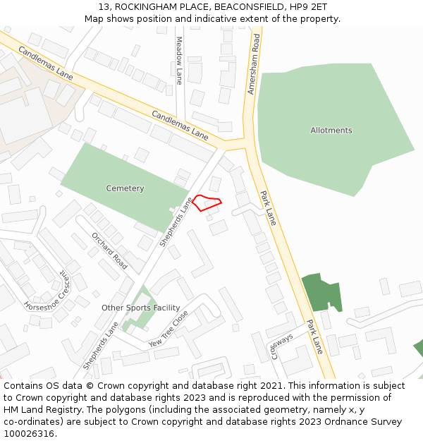 13, ROCKINGHAM PLACE, BEACONSFIELD, HP9 2ET: Location map and indicative extent of plot