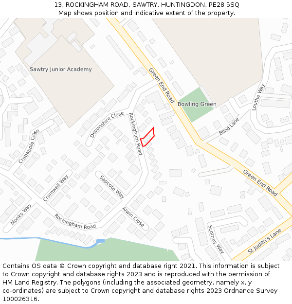 13, ROCKINGHAM ROAD, SAWTRY, HUNTINGDON, PE28 5SQ: Location map and indicative extent of plot