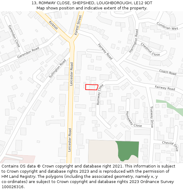 13, ROMWAY CLOSE, SHEPSHED, LOUGHBOROUGH, LE12 9DT: Location map and indicative extent of plot