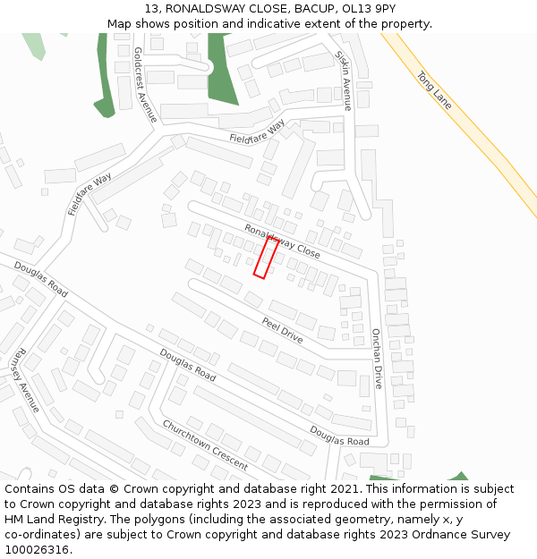 13, RONALDSWAY CLOSE, BACUP, OL13 9PY: Location map and indicative extent of plot