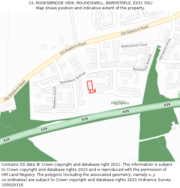 13, ROOKSBRIDGE VIEW, ROUNDSWELL, BARNSTAPLE, EX31 3GU: Location map and indicative extent of plot