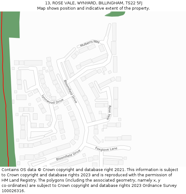 13, ROSE VALE, WYNYARD, BILLINGHAM, TS22 5FJ: Location map and indicative extent of plot