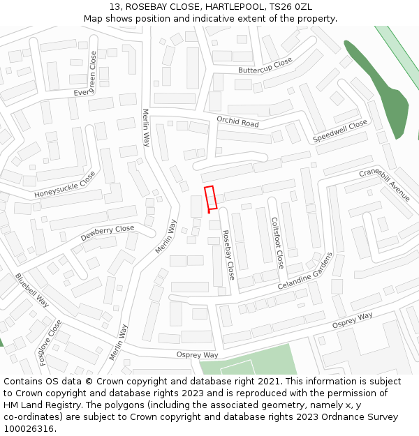 13, ROSEBAY CLOSE, HARTLEPOOL, TS26 0ZL: Location map and indicative extent of plot