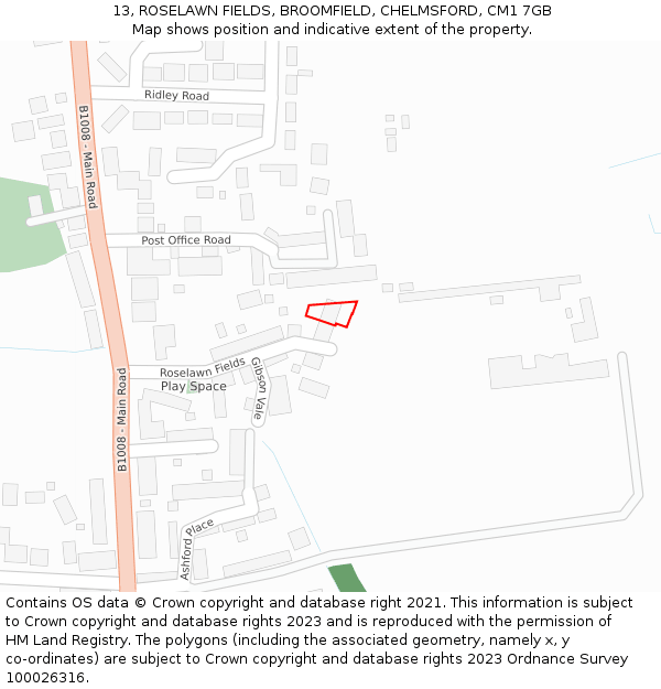 13, ROSELAWN FIELDS, BROOMFIELD, CHELMSFORD, CM1 7GB: Location map and indicative extent of plot