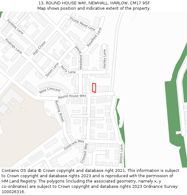 13, ROUND HOUSE WAY, NEWHALL, HARLOW, CM17 9SF: Location map and indicative extent of plot