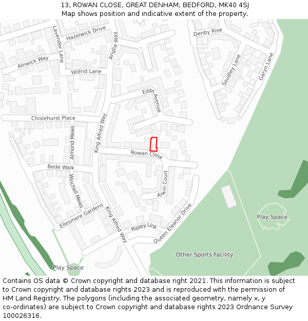 13, ROWAN CLOSE, GREAT DENHAM, BEDFORD, MK40 4SJ: Location map and indicative extent of plot