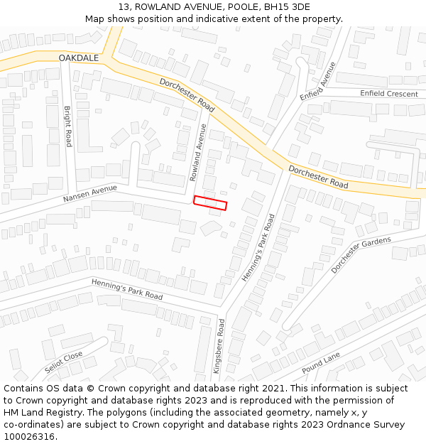 13, ROWLAND AVENUE, POOLE, BH15 3DE: Location map and indicative extent of plot