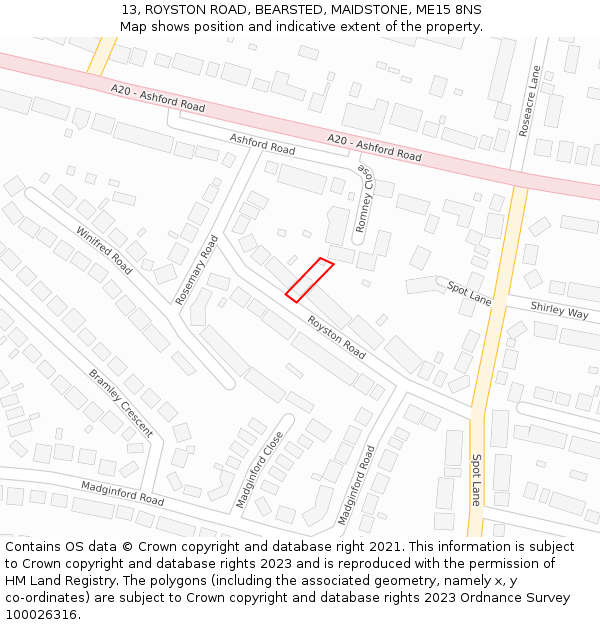 13, ROYSTON ROAD, BEARSTED, MAIDSTONE, ME15 8NS: Location map and indicative extent of plot