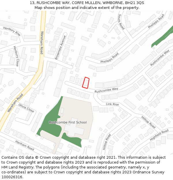 13, RUSHCOMBE WAY, CORFE MULLEN, WIMBORNE, BH21 3QS: Location map and indicative extent of plot