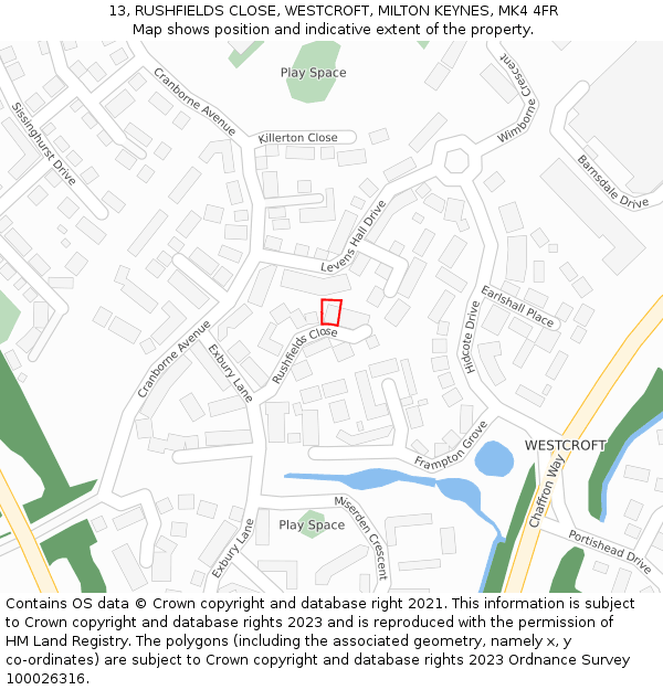 13, RUSHFIELDS CLOSE, WESTCROFT, MILTON KEYNES, MK4 4FR: Location map and indicative extent of plot