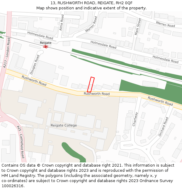 13, RUSHWORTH ROAD, REIGATE, RH2 0QF: Location map and indicative extent of plot