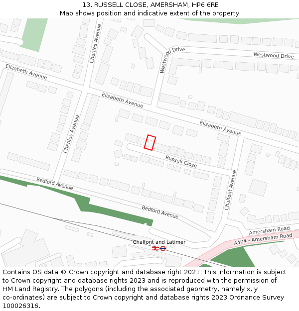 13, RUSSELL CLOSE, AMERSHAM, HP6 6RE: Location map and indicative extent of plot