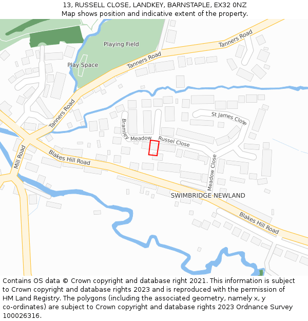 13, RUSSELL CLOSE, LANDKEY, BARNSTAPLE, EX32 0NZ: Location map and indicative extent of plot