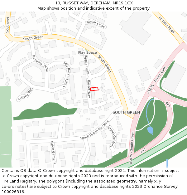 13, RUSSET WAY, DEREHAM, NR19 1GX: Location map and indicative extent of plot