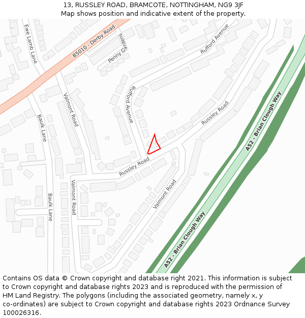 13, RUSSLEY ROAD, BRAMCOTE, NOTTINGHAM, NG9 3JF: Location map and indicative extent of plot