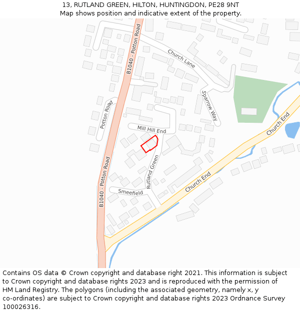 13, RUTLAND GREEN, HILTON, HUNTINGDON, PE28 9NT: Location map and indicative extent of plot