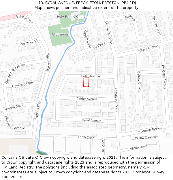 13, RYDAL AVENUE, FRECKLETON, PRESTON, PR4 1DJ: Location map and indicative extent of plot