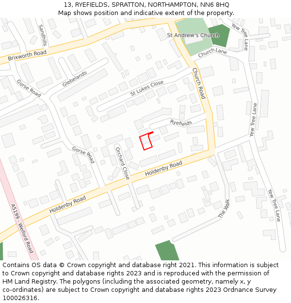 13, RYEFIELDS, SPRATTON, NORTHAMPTON, NN6 8HQ: Location map and indicative extent of plot