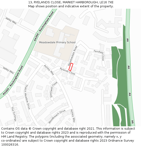 13, RYELANDS CLOSE, MARKET HARBOROUGH, LE16 7XE: Location map and indicative extent of plot