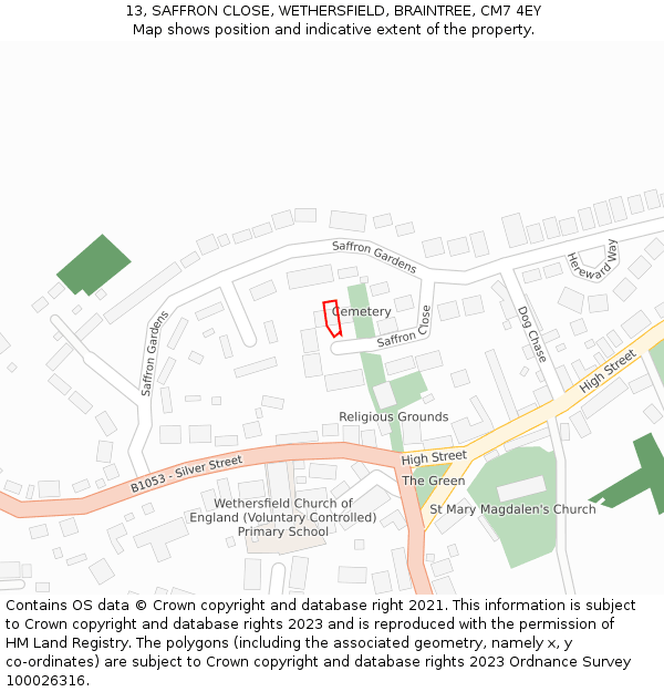 13, SAFFRON CLOSE, WETHERSFIELD, BRAINTREE, CM7 4EY: Location map and indicative extent of plot