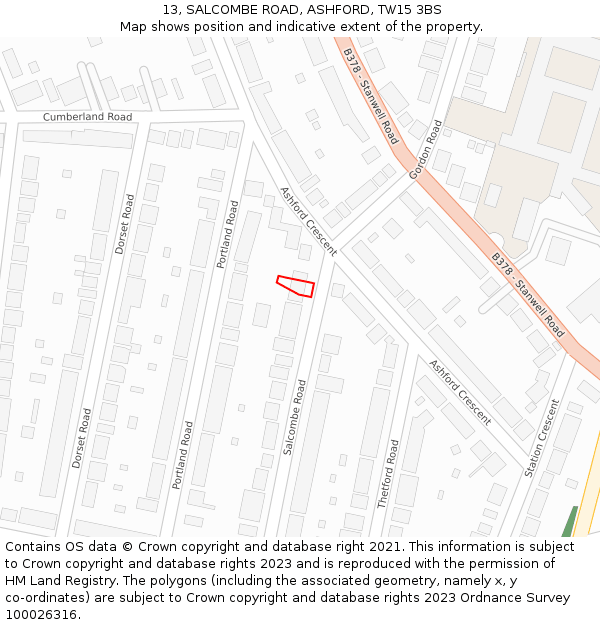 13, SALCOMBE ROAD, ASHFORD, TW15 3BS: Location map and indicative extent of plot