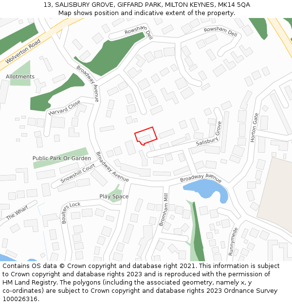 13, SALISBURY GROVE, GIFFARD PARK, MILTON KEYNES, MK14 5QA: Location map and indicative extent of plot